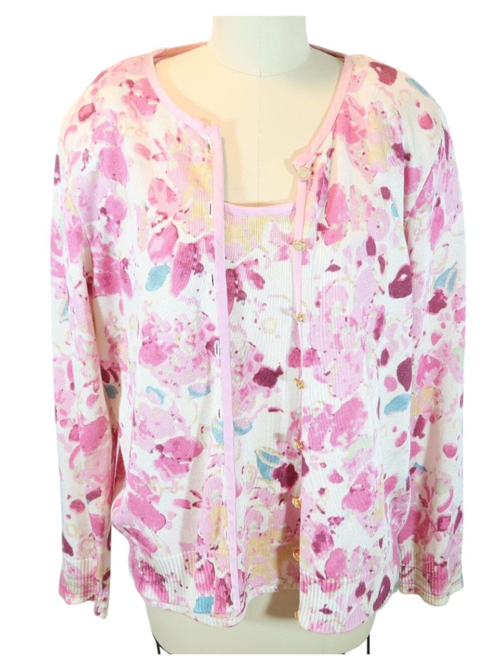 ST JOHN COLLECTION Floral Cardigan Sweater Twinset Size L Satin Trim Pink